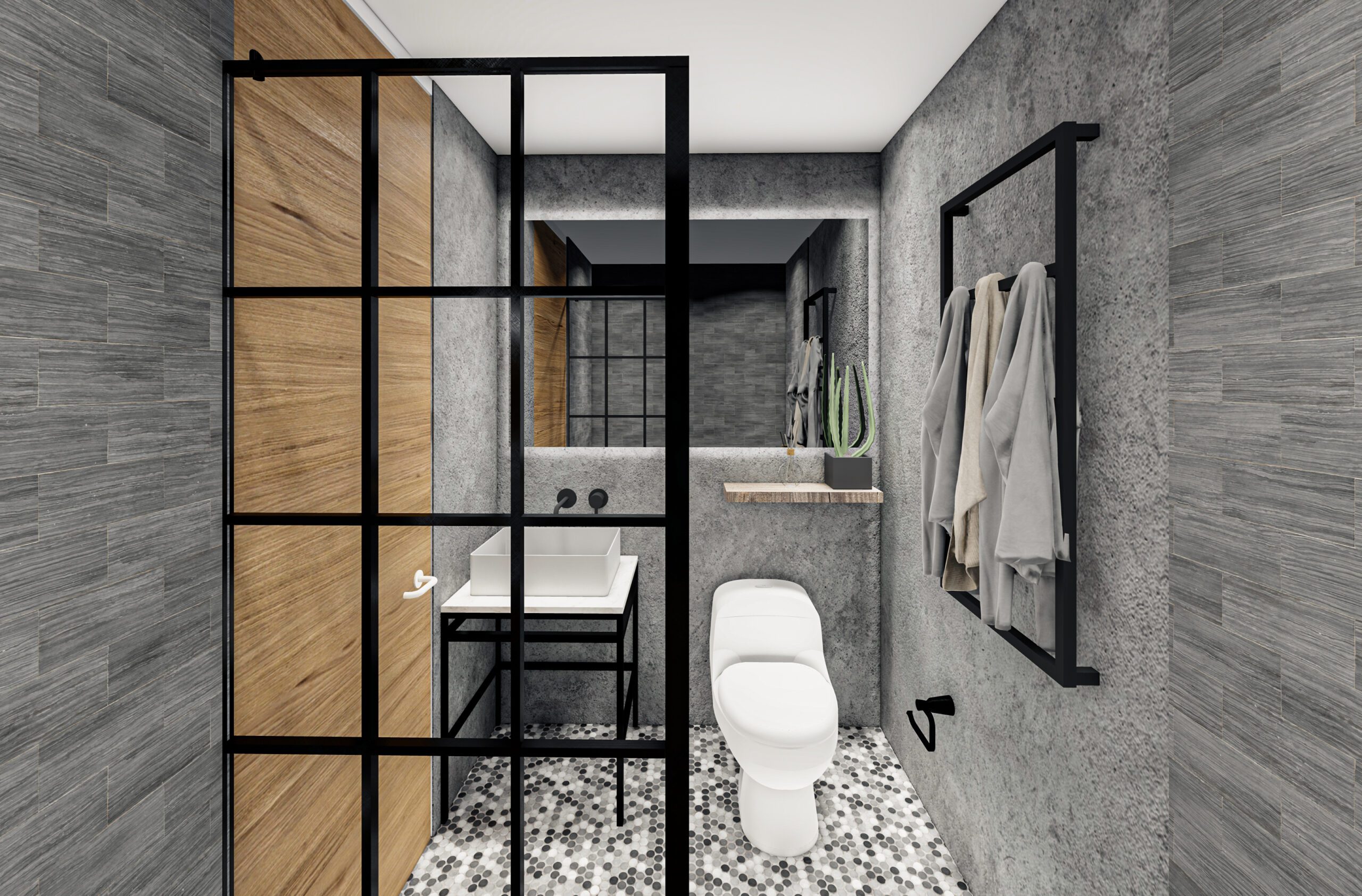 Diseño de un baño social con detalles en piedra y madera que crean un ambiente cálido y acogedor. Los acabados elegantes y minimalistas como la madera natural y la piedra, crean un ambiente sofisticado y moderno. La iluminación sutil enfatiza los detalles de diseño, mientras que la disposición inteligente del espacio optimiza la funcionalidad. Además, los detalles cuidadosamente seleccionados como los accesorios y la decoración, añaden carácter y personalidad al espacio.