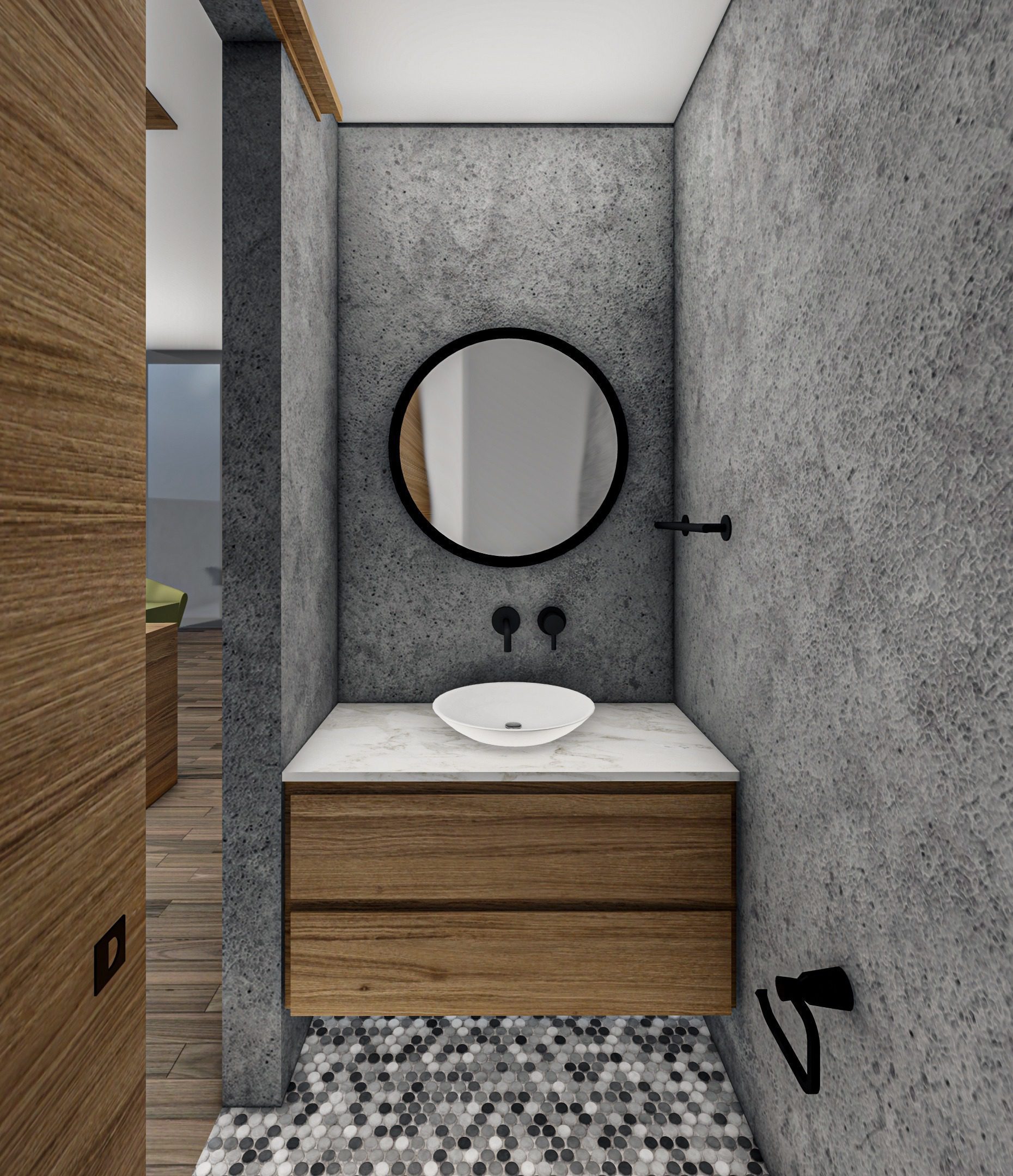 Diseño de un baño social con detalles en piedra y madera que crean un ambiente cálido y acogedor. Los acabados elegantes y minimalistas como la madera natural y la piedra, crean un ambiente sofisticado y moderno. La iluminación sutil enfatiza los detalles de diseño, mientras que la disposición inteligente del espacio optimiza la funcionalidad. Además, los detalles cuidadosamente seleccionados como los accesorios y la decoración, añaden carácter y personalidad al espacio.