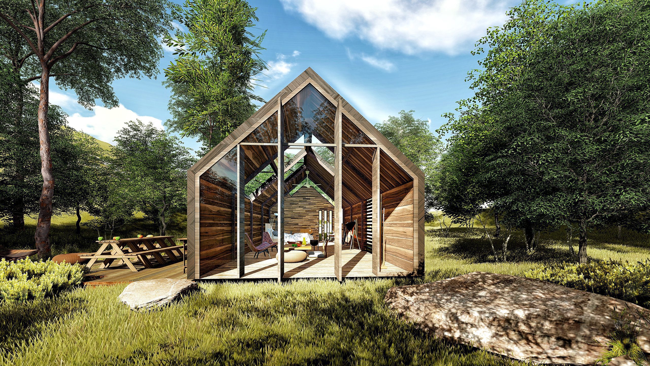 Vista interna de una cabaña con un diseño en forma de A para un proyecto privado. Los techos altos con vigas de madera natural crean una sensación de amplitud, mientras que los detalles en madera y piedra acentúan el estilo rústico y acogedor de la cabaña. Los grandes ventanales permiten la entrada de luz natural y ofrecen vistas panorámicas del paisaje exterior.