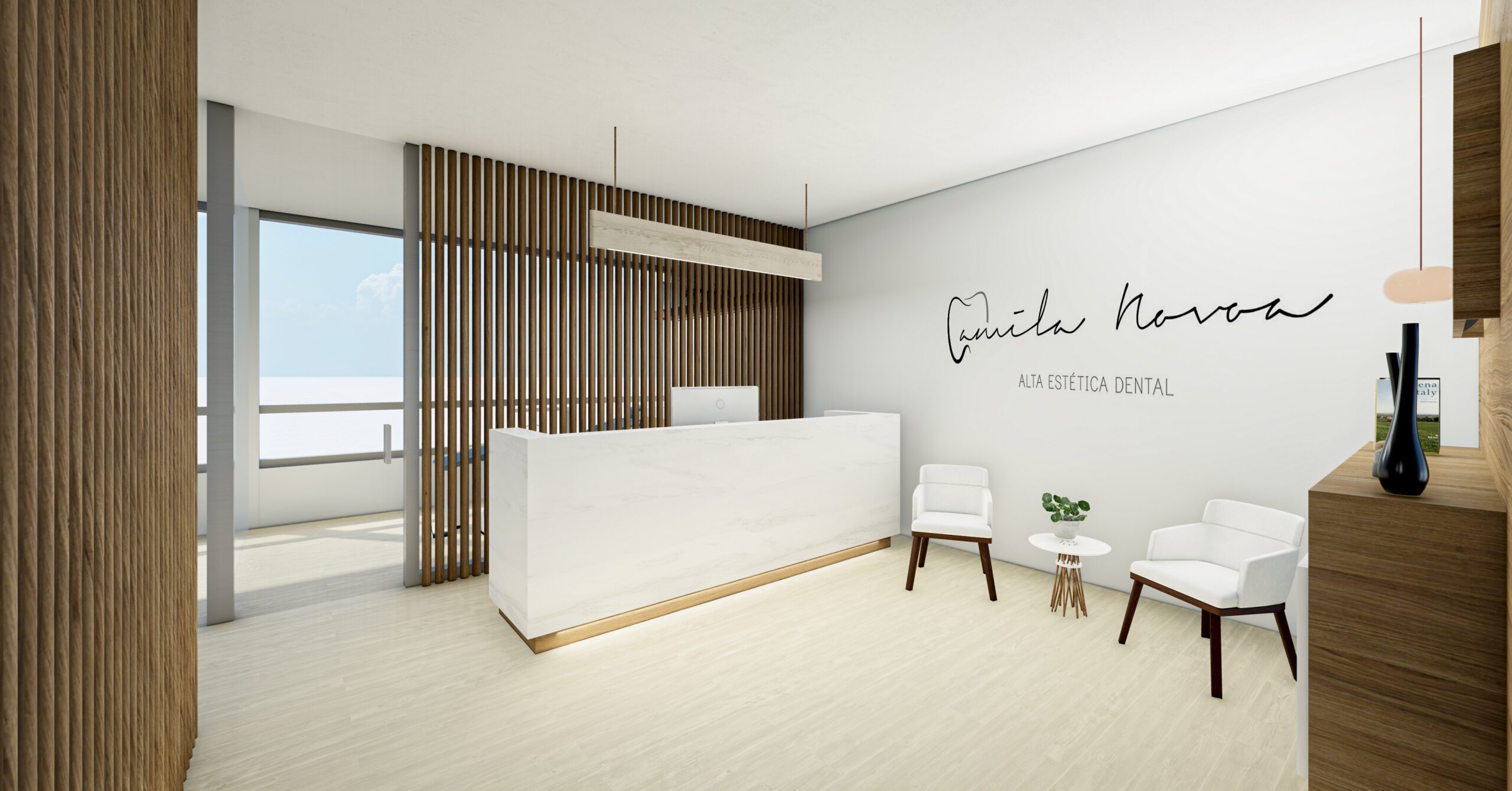 Diseño de un consultorio odontológico minimalista en blanco, con un enfoque en la funcionalidad y la estética. Los acabados modernos y elegantes como el color blanco, la madera natural y el vidrio, crean un ambiente sofisticado y minimalista. La iluminación suave y la disposición inteligente del espacio, optimizan la funcionalidad y la sensación de amplitud en el consultorio. Además, los detalles cuidadosamente seleccionados como los muebles de diseño y la decoración minimalista, añaden carácter y personalidad al espacio.