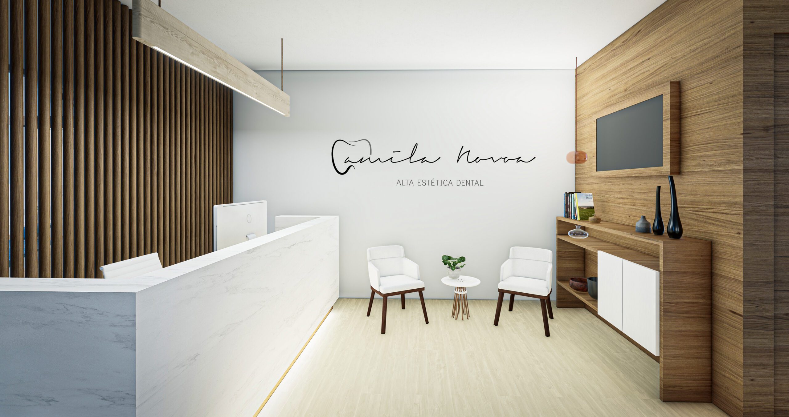 Diseño de un consultorio odontológico minimalista en blanco, con un enfoque en la funcionalidad y la estética. Los acabados modernos y elegantes como el color blanco, la madera natural y el vidrio, crean un ambiente sofisticado y minimalista. La iluminación suave y la disposición inteligente del espacio, optimizan la funcionalidad y la sensación de amplitud en el consultorio. Además, los detalles cuidadosamente seleccionados como los muebles de diseño y la decoración minimalista, añaden carácter y personalidad al espacio.