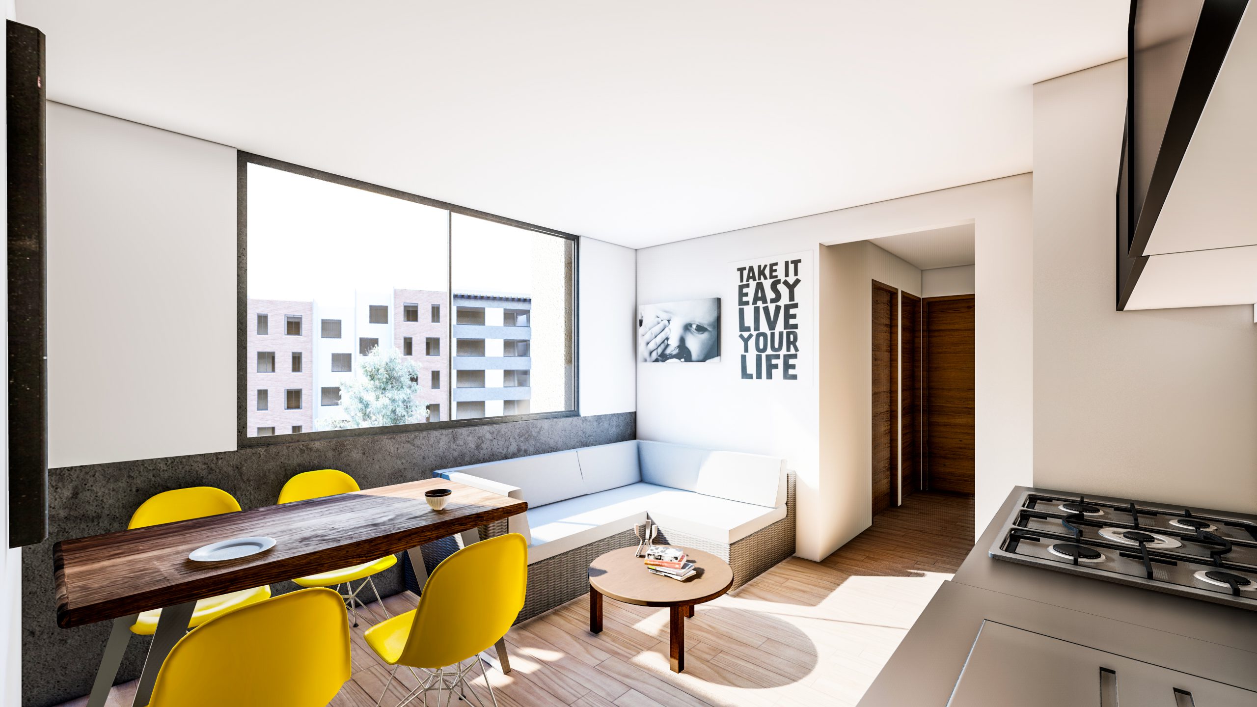 Diseño de un apartamento minimalista en Bogotá, con un enfoque en la simplicidad y la funcionalidad. Los acabados modernos y elegantes como la madera natural, la formica negra y el vidrio, crean un ambiente sofisticado y minimalista. La iluminación suave y la disposición inteligente del espacio, optimizan la funcionalidad y la sensación de amplitud en el apartamento. Además, los detalles cuidadosamente seleccionados como las obras de arte y los muebles de diseño, añaden carácter y personalidad al espacio.