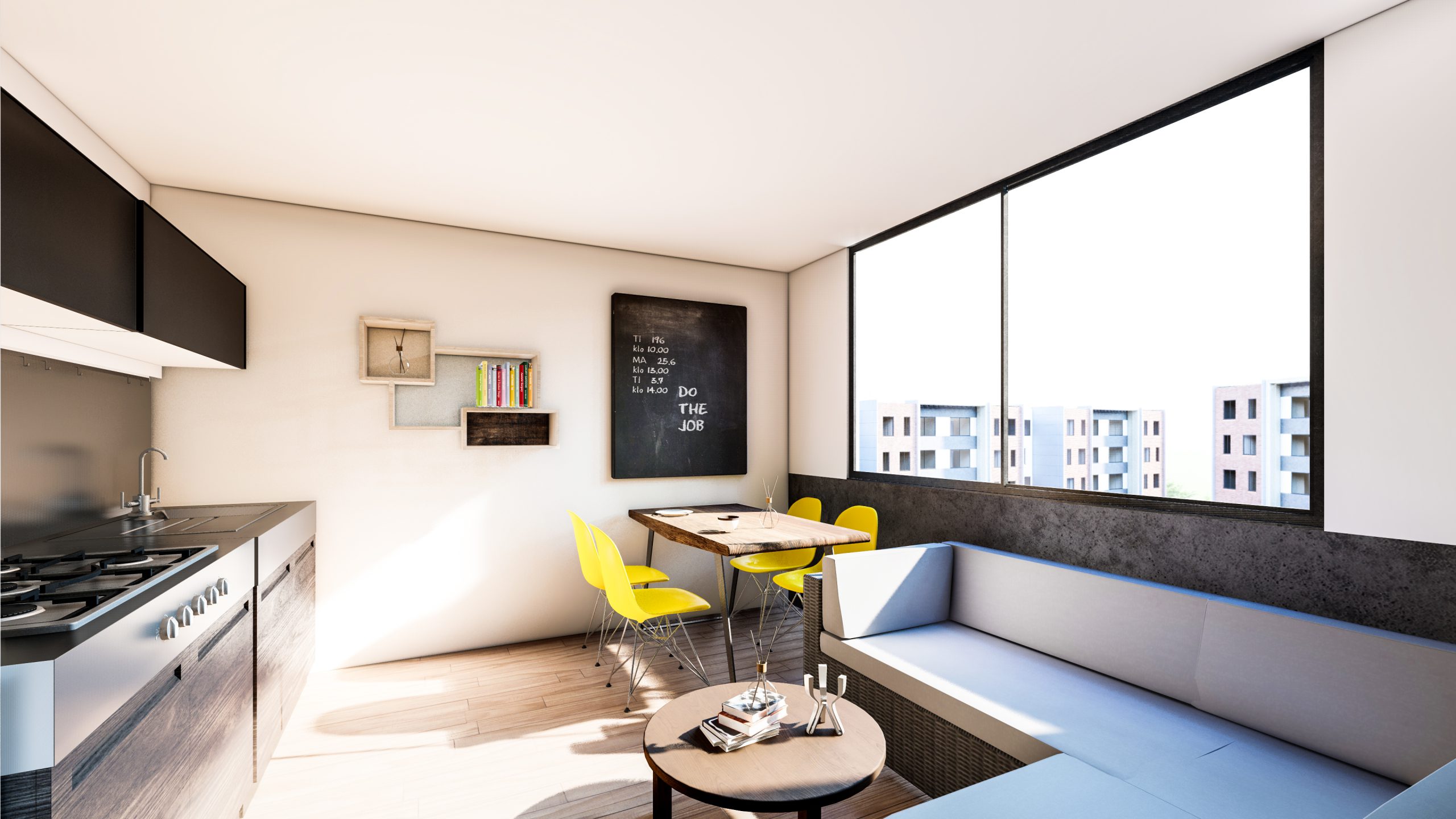 Diseño de un apartamento minimalista en Bogotá, con un enfoque en la simplicidad y la funcionalidad. Los acabados modernos y elegantes como la madera natural, la formica negra y el vidrio, crean un ambiente sofisticado y minimalista. La iluminación suave y la disposición inteligente del espacio, optimizan la funcionalidad y la sensación de amplitud en el apartamento. Además, los detalles cuidadosamente seleccionados como las obras de arte y los muebles de diseño, añaden carácter y personalidad al espacio.