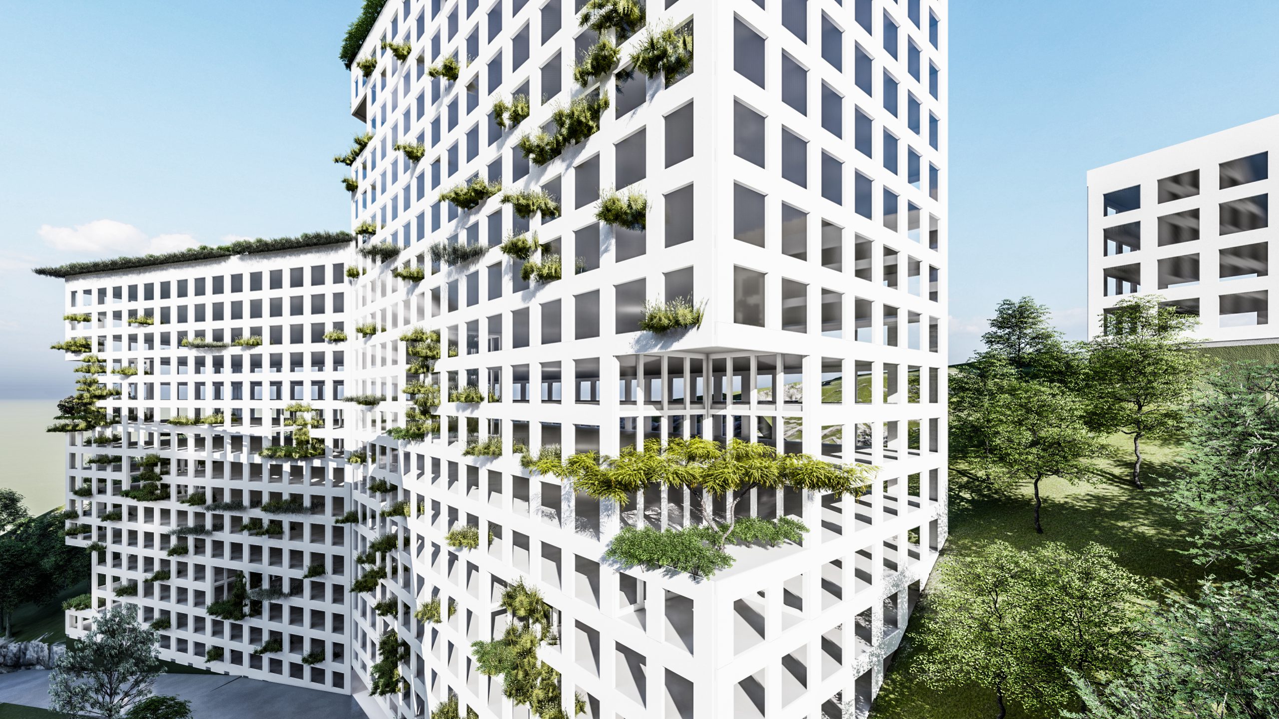 Un edificio residencial de color blanco con una cubierta verde que presenta una estética moderna y ecológica. La cubierta verde se compone de una variedad de plantas y vegetación que proporcionan beneficios ambientales y estéticos, como reducción de la temperatura del edificio y mejora del paisaje urbano. La fachada blanca minimalista acentúa la naturaleza verde y vibrante del edificio.