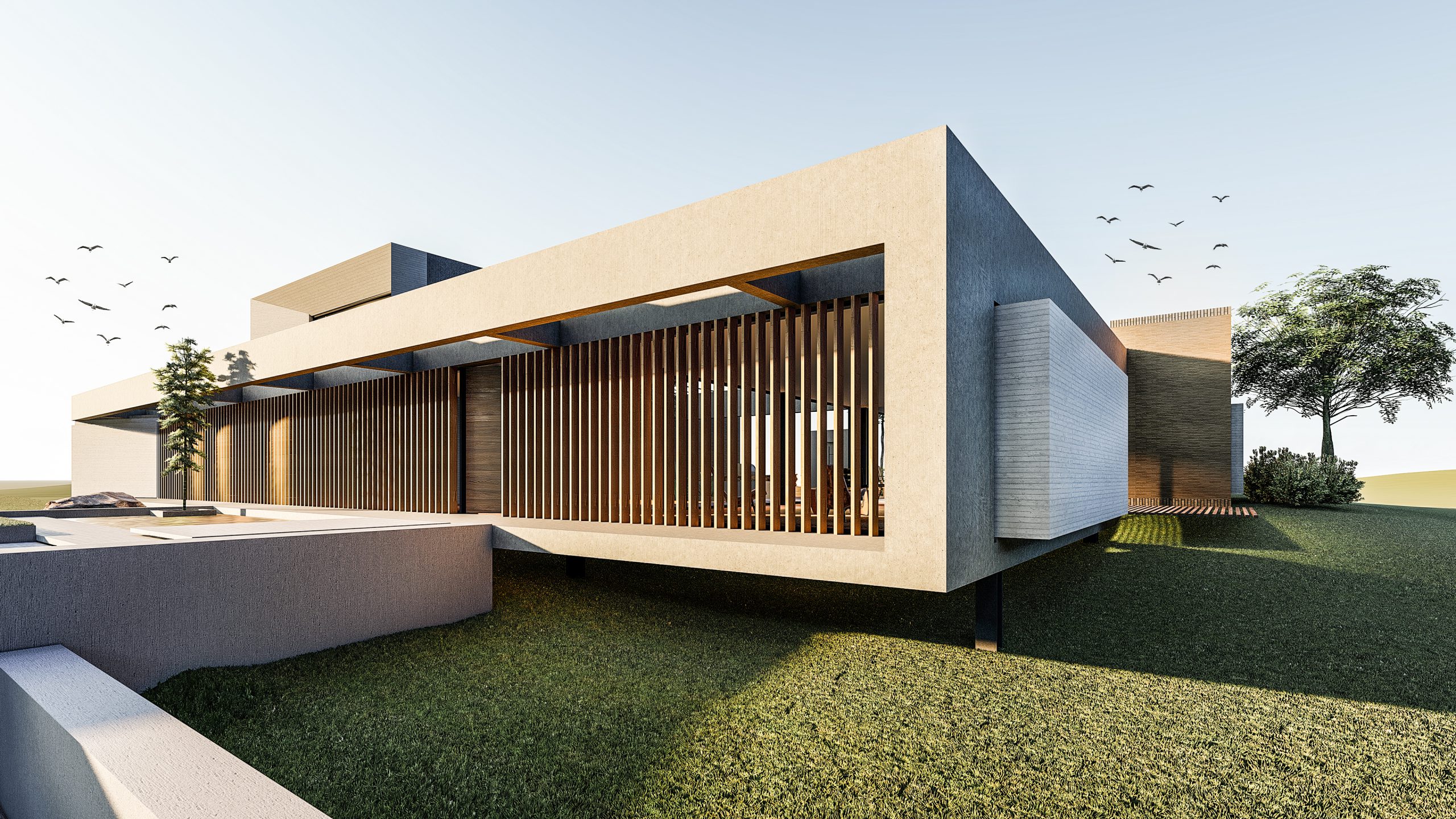 Un render de una casa de campo minimalista con concreto a la vista y zonas verdes que rodean la propiedad. Las líneas limpias y los acabados modernos crean una estética elegante y contemporánea. Las grandes ventanas permiten la entrada de luz natural y vistas panorámicas al exterior, mientras que los detalles en madera y piedra añaden calidez al diseño.