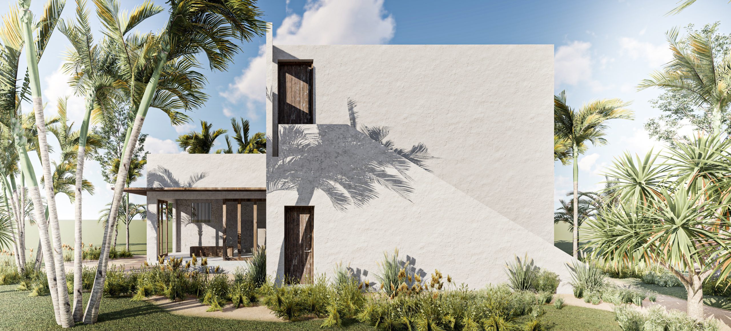 Un render de una casa de campo minimalista con concreto a la vista y zonas verdes que rodean la propiedad. Las líneas limpias y los acabados modernos crean una estética elegante y contemporánea. Las grandes ventanas permiten la entrada de luz natural y vistas panorámicas al exterior, mientras que los detalles en madera y piedra añaden calidez al diseño.