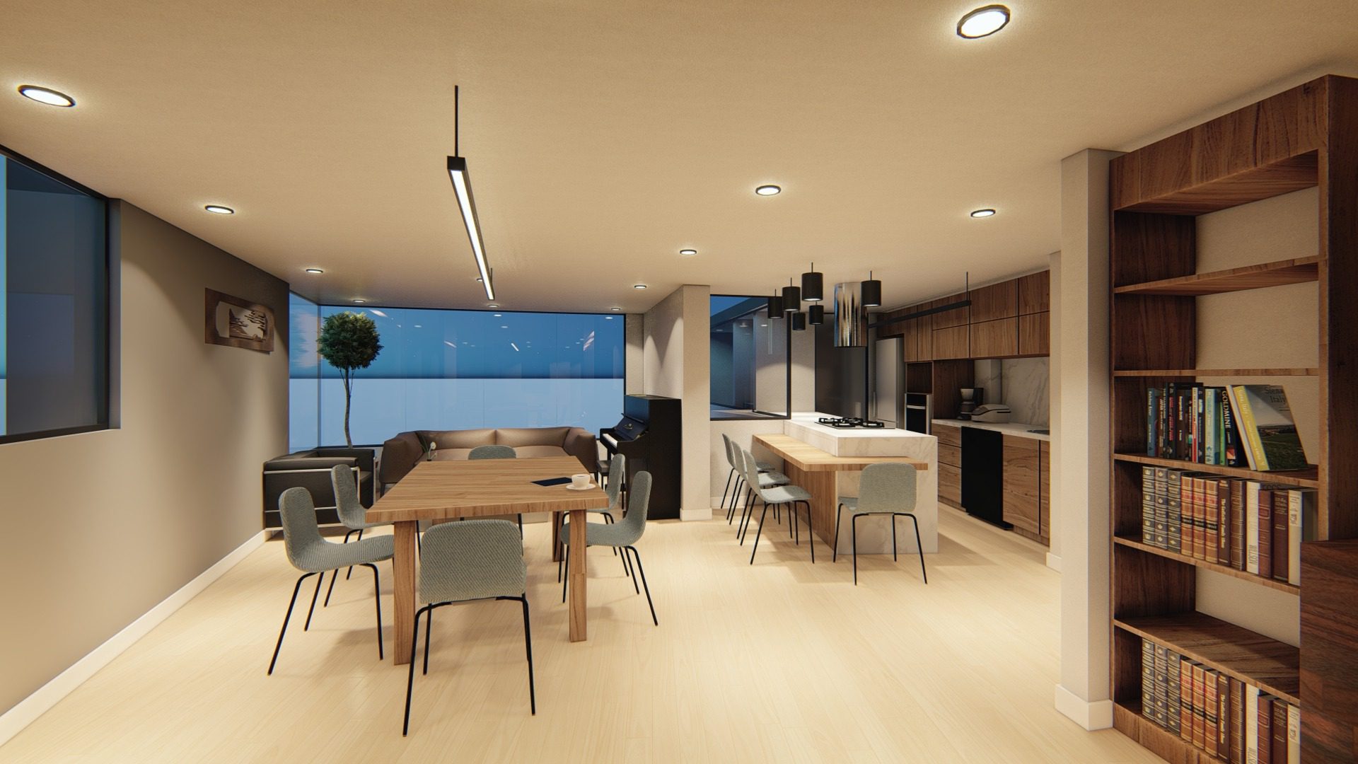 Un render de una cocina abierta en un apartamento remodelado en Bogotá, con una estética moderna y minimalista. La isla de cocina con encimeras de cuarzo y electrodomésticos de acero inoxidable, junto con los gabinetes empotrados y los acabados de madera natural, crean un ambiente elegante y funcional. La iluminación LED enfatiza los detalles de diseño y realza la sensación de amplitud del espacio.