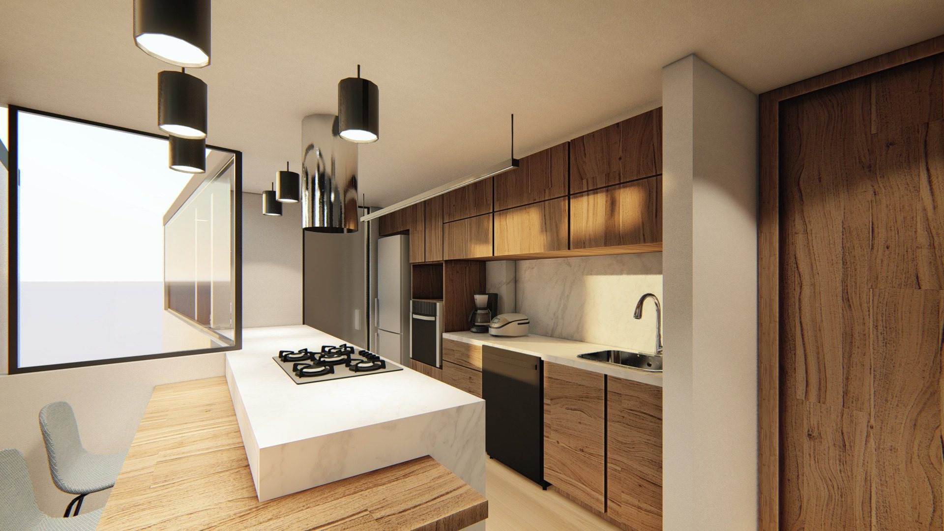 Un render de una cocina abierta en un apartamento remodelado en Bogotá, con una estética moderna y minimalista. La isla de cocina con encimeras de cuarzo y electrodomésticos de acero inoxidable, junto con los gabinetes empotrados y los acabados de madera natural, crean un ambiente elegante y funcional. La iluminación LED enfatiza los detalles de diseño y realza la sensación de amplitud del espacio.