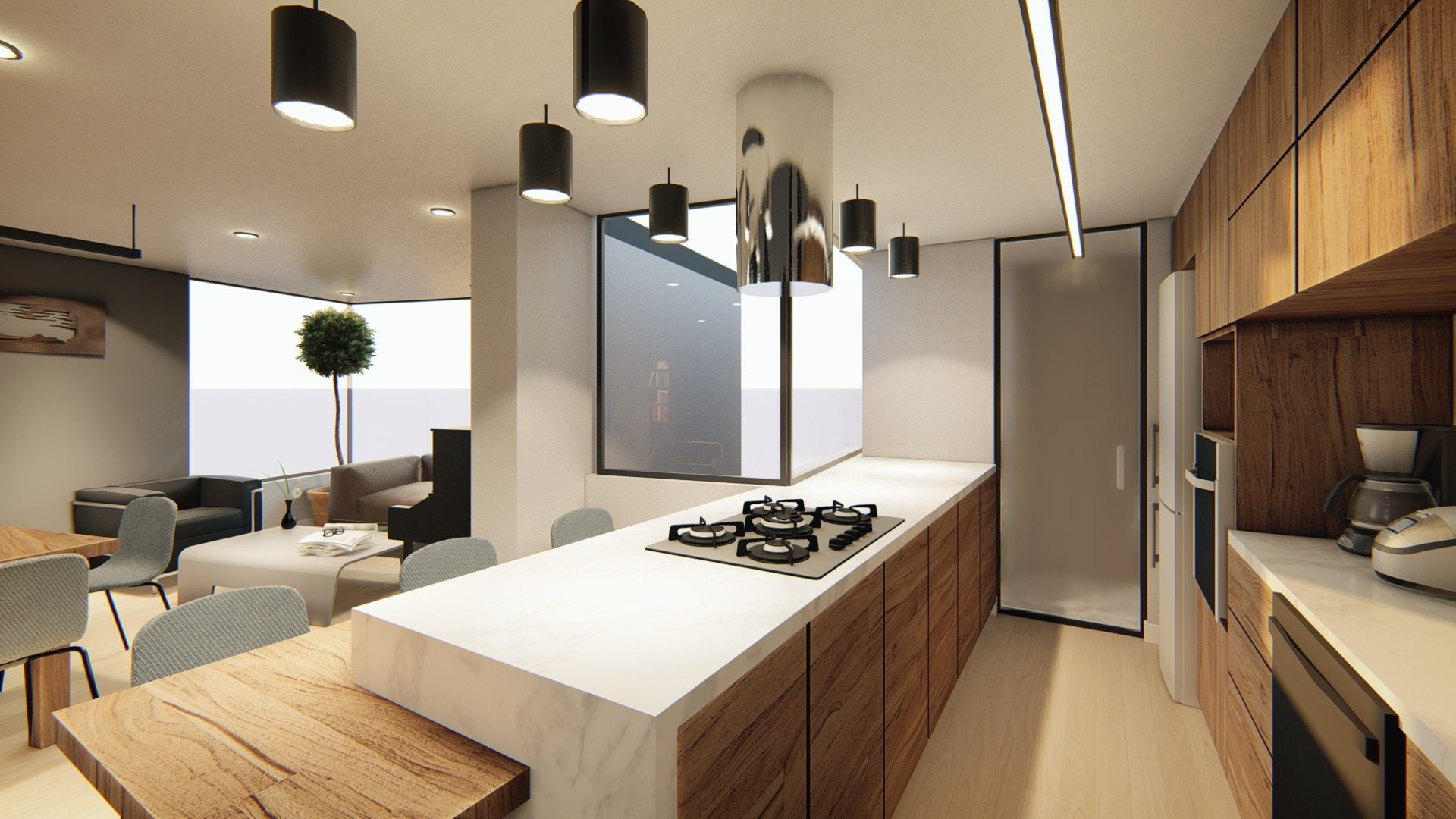 Un render de una cocina abierta en un apartamento remodelado en Bogotá, con una estética moderna y minimalista. La isla de cocina con encimeras de cuarzo y electrodomésticos de acero inoxidable, junto con los gabinetes empotrados y los acabados de madera natural, crean un ambiente elegante y funcional. La iluminación LED enfatiza los detalles de diseño y realza la sensación de amplitud del espacio.