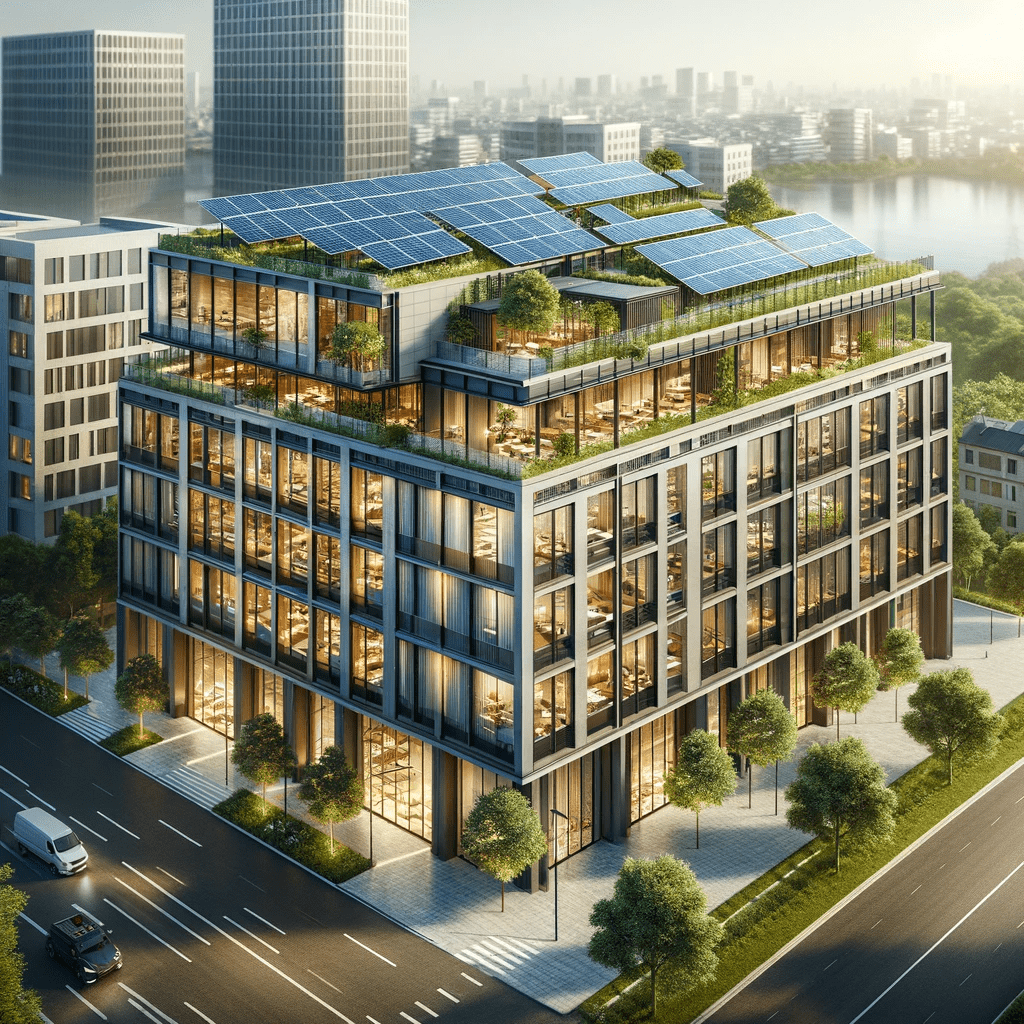 Imagen mostrando un moderno edificio de ON Architecture, con paneles solares en el techo y amplias ventanas para maximizar la luz natural. La fachada combina elementos naturales y urbanos, reflejando la fusión de sostenibilidad y diseño innovador.