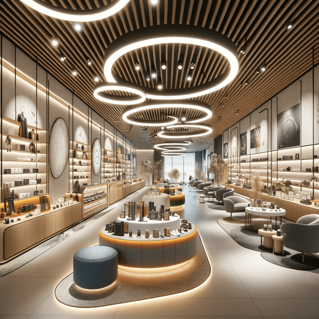 Un espacio comercial moderno, mostrando una fusión elegante de Retail Design Innovador con elementos de Branding Arquitectónico. La iluminación y el mobiliario crean una atmósfera acogedora y atractiva.